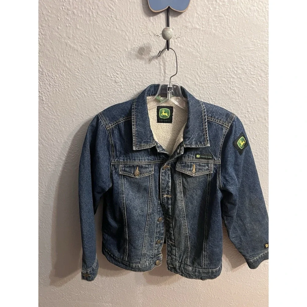 John Deere Jacket Boys Large 10/12 Blue Sherpa Lined Canvas Shacket Snap Farming